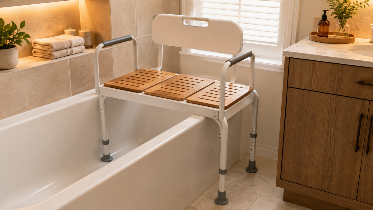 White transfer bench with teak seat positioned across a bathtub edge
