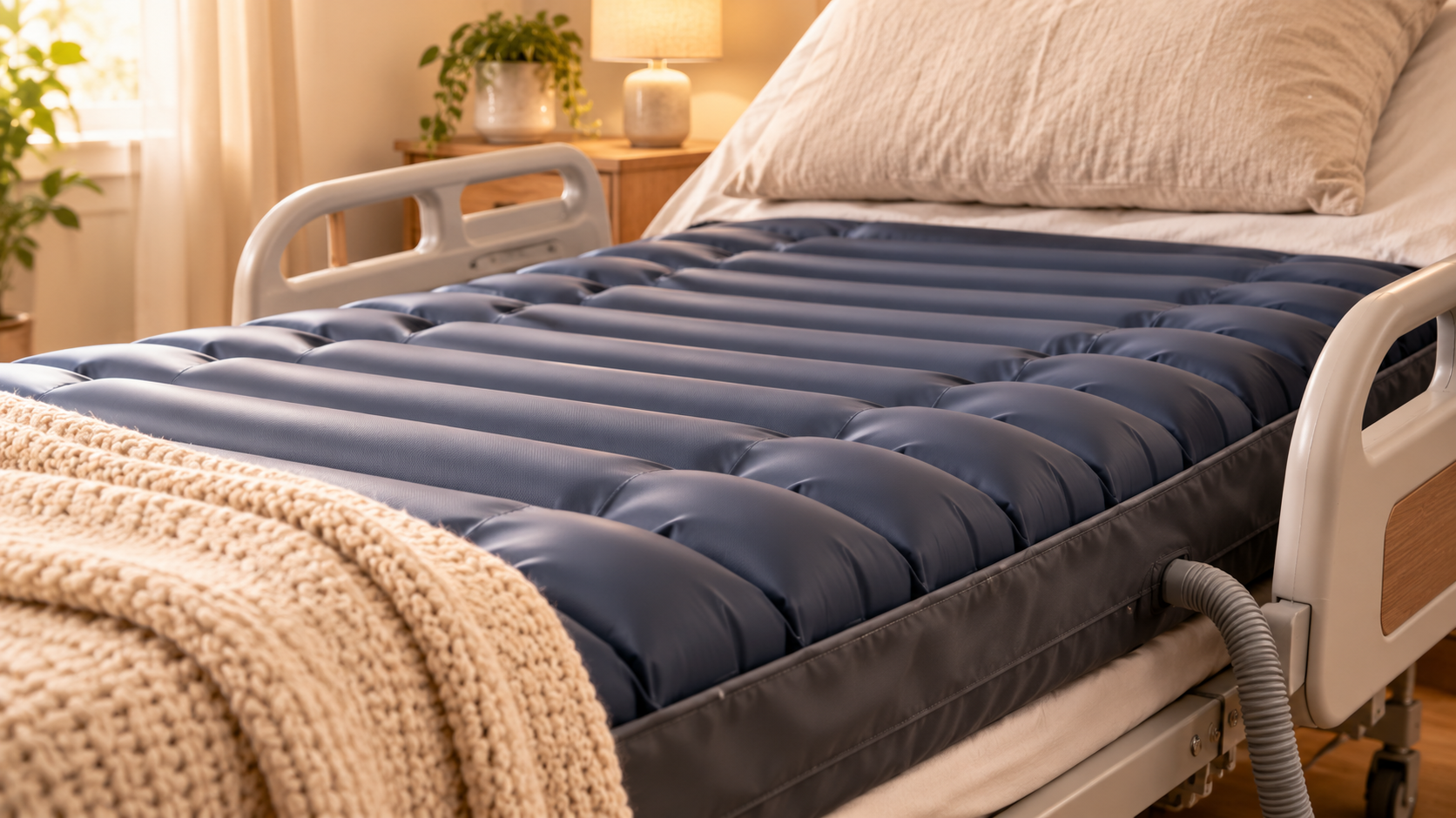 Alternating pressure relief air mattress on a home hospital bed