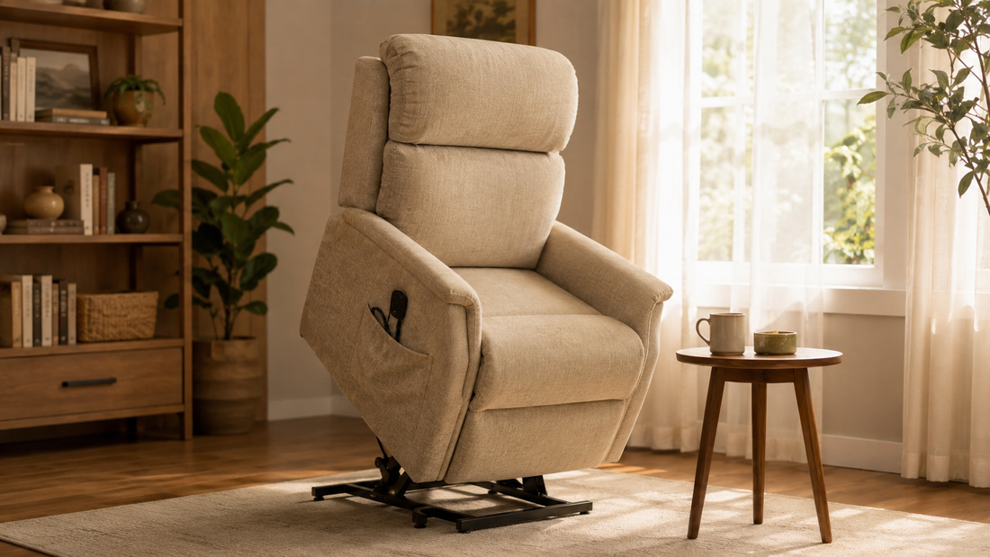 Beige power lift recliner in the lifted stand-assist position in a bright living room