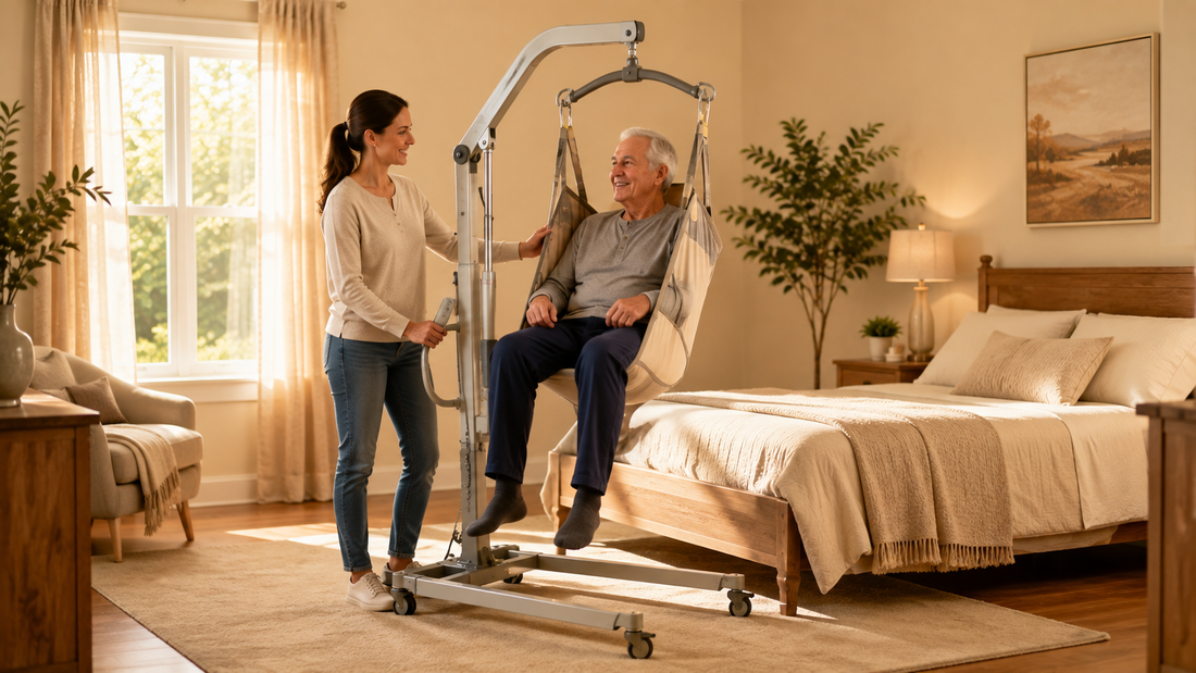 Caregiver assisting an adult with a patient lift at home